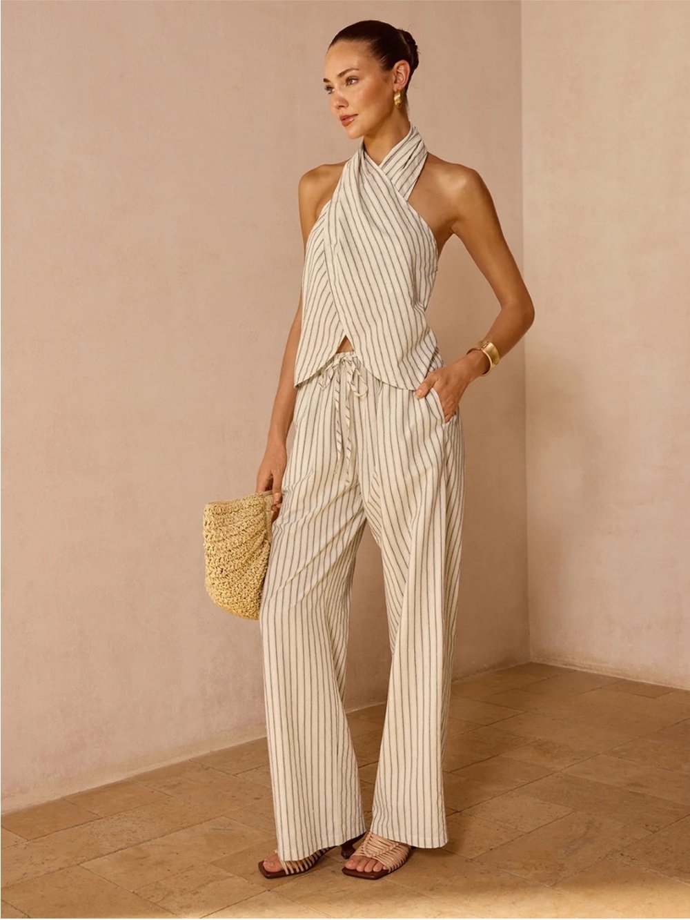 Striped Cream Criss Cross Halter and Pants